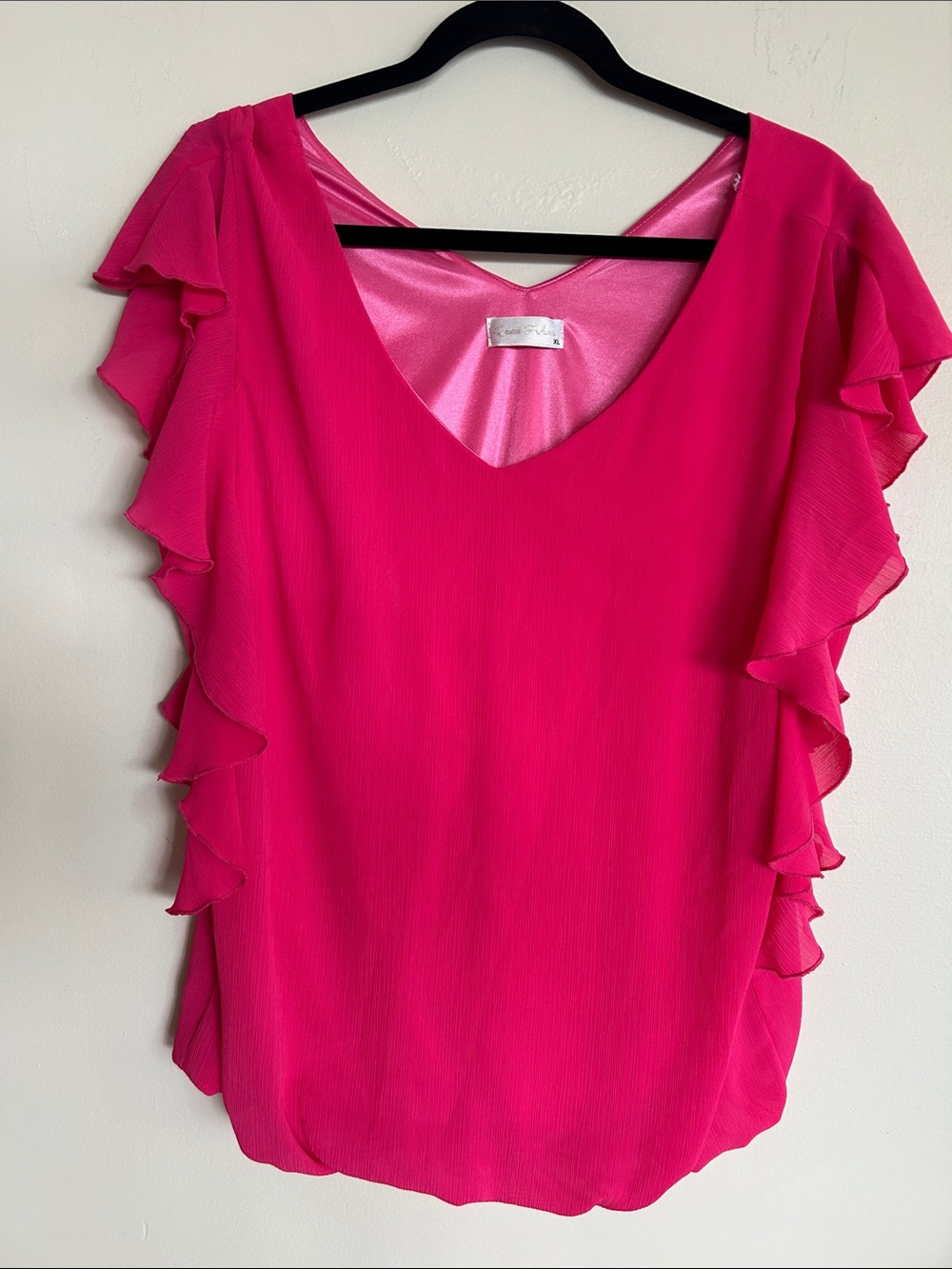 Ruffle Sleeve V-Neck Blouse in Hot Pink
